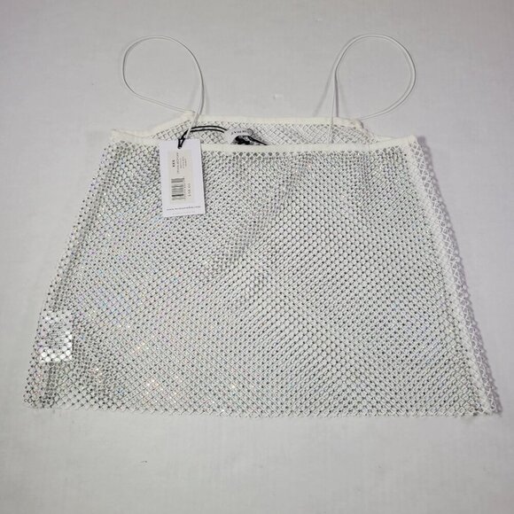 WeWoreWhat White Modern Statement Date Night Rhinestone Mesh Tank Top Size XXS - Picture 10 of 10